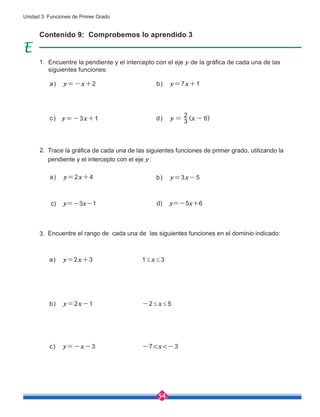 54
Unidad 3: Funciones de Primer Grado
Contenido 9: Comprobemos lo aprendido 3
Encuentre la pendiente y el intercepto con el eje y de la gráfica de cada una de las
siguientes funciones:
Trace la gráfica de cada una de las siguientes funciones de primer grado, utilizando la
pendiente y el intercepto con el eje y:
Encuentre el rango de cada una de las siguientes funciones en el dominio indicado:
a) y=-x+2
a) y=2x+4
c) y=-3x-1
b) y=3x-5
d) y=-5x+6
c)
b) y=7x+1
y=-3x+1 d) 3
2
6
( )
y x
= -
a) y=2x+3 	 1 ≤ x ≤ 3
b) y=2x-1 	 -2 ≤ x ≤ 5
c) y=-x-3 	 -7<x<-3
1.
2.
3.
 