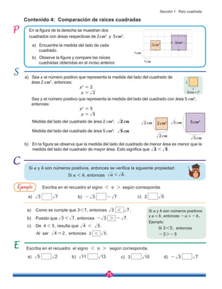 75
a) Como se cumple que 3<7, entonces 3 7
< .
c) De 4 < 5, resulta que 4 5
< .
b) Puesto que , entonces .
Contenido 4: Comparación de raíces cuadradas
En la figura de la derecha se muestran dos
cuadrados con áreas respectivas de 2cm2
y 5cm2
.
a) Encuentre la medida del lado de cada 	
cuadrado.
b) Observe la figura y compare las raíces 	
cuadradas obtenidas en el inciso anterior.
a) Sea x el número positivo que representa la medida del lado del cuadrado de 	
área 2 cm2
, entonces:
b) En la figura se observa que la medida del lado del cuadrado de menor área es menor que la 	
medida del lado del cuadrado de mayor área. Esto significa que 5
2 < .
Medida del lado del cuadrado de área 2 cm2
: 2 cm
5 cm
Medida del lado del cuadrado de área 5 cm2
:
Sea y el número positivo que representa la medida del lado del cuadrado con área 5 cm2
,
entonces:
Escriba en el recuadro el signo < o > según corresponda.
Escriba en el recuadro el signo < o > según corresponda.
Si a y b son números positivos
y a < b, entonces -a > -b.
Ejemplo:
Si 3<5, entonces
-3>-5
Si a y b son números positivos, entonces se verifica la siguiente propiedad:
Si a < b, entonces
a) 3 7
3 7
< 3 7
>
- -
b) 3 7
-
- c) 2 5
4 2
= .
2 5
<
x
x
2
2
2
=
=
y
y
5
5
2
=
=
.
a b
<
a) 5 2 b) 11 13 c) 3 10 d) 3 7
-
Al ser , entonces
Ejemplo
2cm2
5cm2
1cm
1cm
l
Área=l2
l
5cm2
cm
5
cm
5
2cm2
cm
2
cm
2
Sección 1: Raíz cuadrada
 