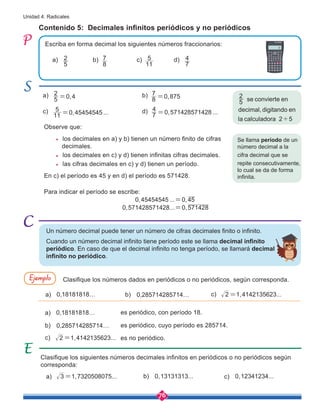 76
Unidad 4: Radicales
Contenido 5: Decimales infinitos periódicos y no periódicos
Escriba en forma decimal los siguientes números fraccionarios:
Observe que:
	 los decimales en a) y b) tienen un número finito de cifras 	
decimales.
	 los decimales en c) y d) tienen infinitas cifras decimales.
	 las cifras decimales en c) y d) tienen un período.
En c) el período es 45 y en d) el período es 571428.
Clasifique los números dados en periódicos o no periódicos, según corresponda.
Para indicar el período se escribe:
Clasifique los siguientes números decimales infinitos en periódicos o no periódicos según
corresponda:
Un número decimal puede tener un número de cifras decimales finito o infinito.
Cuando un número decimal infinito tiene período este se llama decimal infinito
periódico. En caso de que el decimal infinito no tenga período, se llamará decimal
infinito no periódico.
1,4142135623...
2 =
1,7320508075...
3 = 0,13131313... 0,12341234...
a) b) c) d)
5
2
8
7
11
5
7
4
a)
a)
a)
b)
b)
b)
c)
c)
c)
es no periódico.
, ...
2 1 4142135623
=
c)
d)
5
2
0,4
=
5
2
se convierte en
decimal, digitando en
la calculadora 2 5
'
8
7
0,875
=
11
5
0,45454545 ...
=
0,45454545 ... 0,45
=
7
4
0,571428571428 ...
=
0,571428571428... 0,571428
=
0,18181818…
es periódico, con período 18.
a) 0,18181818…
0,285714285714…
es periódico, cuyo período es 285714.
b) 0,285714285714…
Ejemplo
:
Se llama período de un
número decimal a la
cifra decimal que se
repite consecutivamente,
lo cual se da de forma
infinita.
 