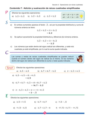 85
Contenido 7: Adición y sustracción de raíces cuadradas simplificadas
a) En ambos sumandos aparece el factor 2 , así por la propiedad distributiva y suma de 	
números enteros se tiene:
c) Los números que están dentro del signo radical son diferentes, y cada raíz
cuadrada ya está simplificada, por lo cual la suma queda indicada.
b) Se aplica nuevamente la propiedad distributiva y diferencia de números enteros.
Efectúe las siguientes operaciones:
Efectúe las siguientes operaciones:
a) 3 5 7 5
+ 		 b) 6 7 8 7
+ 		 c) 7 6 6
-
a) 6 5 4 5 6 4 5
2 5
- = -
=
] g
a) 6 5 4 5
- 		 b) 6 7 8 7 5 2
+ - 		 c) 2 5 3 4 3
- +
b) 6 7 8 7 5 2 6 8 7 5 2
14 7 5 2
+ - = + -
= -
] g
c) 2 5 3 4 3 2 5 4 3
2 3
- + = + - +
= -
] g
d) 11 8 5 8
- 		 e) 3 7 2 7 6
+ - 	 f) 17 13 5 11 11 13
+ -
3 2 5 2 3 5 2
8 2
+ = +
=
] g
3 2 5 2 3 5 2
2 2
- = -
=-
] g
Las sumas o restas de raíces cuadradas simplificadas se pueden reducir
cuando el número dentro del signo de radical es el mismo. Si los números
dentro del signo de radical son diferentes la suma o resta queda indicada.
Efectúe las siguientes operaciones:
a) 3 2 5 2
+ 	 b) 3 2 5 2
- 	 c) 2 3 5 2
+
ab + cb = (a + c)b
ab - cb = (a - c)b
Ejemplo
Sección 2: Operaciones con raíces cuadradas
 