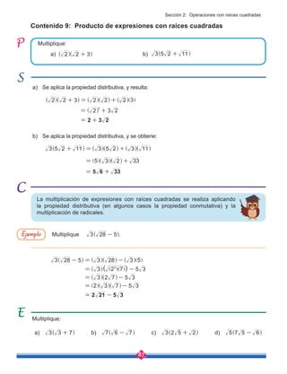 87
Contenido 9: Producto de expresiones con raíces cuadradas
a) Se aplica la propiedad distributiva, y resulta:
Multiplique .
Multiplique:
a) 3 3 7
+
^ h b) 7 6 7
-
^ h c) 3 2 5 2
+
^ h d) 5 7 5 6
-
^ h
2 3 2
2
= +
^ h
2 3 2
= +
5 3 2 33
= +
] ^ ^
g h h
5 6 33
= +
3 28 5
-
^ h
( )
3 28 5 3 28 3 5
3 2 7 5 3
3 2 7 5 3
2 3 7 5 3
2 21 5 3
2
- = -
= -
= -
= -
= -
^ ^
^
^
] ^
^
^
]
^
]
^ ]
h
g
h
h
h
h
h
h
g
h
g
h g
La multiplicación de expresiones con raíces cuadradas se realiza aplicando
la propiedad distributiva (en algunos casos la propiedad conmutativa) y la
multiplicación de radicales.
Multiplique:
a) b)
b) Se aplica la propiedad distributiva, y se obtiene:
2 2 3
+
^ ^
h h
2 2 3 2 2 2 3
+ = +
^ ^ ^ ^ ^ ]
h h h h h g
3 5 2 11
+
^ h
3 5 2 11 3 5 2 3 11
+ = +
^ ^ ^ ^ ^
h h h h h
Ejemplo
Sección 2: Operaciones con raíces cuadradas
 