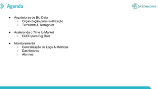 Agenda
● Arquiteturas de Big Data
○ Organização para reutilização
○ Terraform & Terragrunt
● Acelerando o Time to Market
○ CI/CD para Big Data
● Monitoramento
○ Centralização de Logs & Métricas
○ Dashboards
○ Alarmes
 