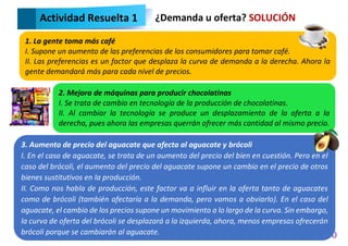 30
Actividad Resuelta 1 ¿Demanda u oferta? SOLUCIÓN
1. La gente toma más café
I. Supone un aumento de las preferencias de los consumidores para tomar café.
II. Las preferencias es un factor que desplaza la curva de demanda a la derecha. Ahora la
gente demandará más para cada nivel de precios.
2. Mejora de máquinas para producir chocolatinas
I. Se trata de cambio en tecnología de la producción de chocolatinas.
II. Al cambiar la tecnología se produce un desplazamiento de la oferta a la
derecha, pues ahora las empresas querrán ofrecer más cantidad al mismo precio.
3. Aumento de precio del aguacate que afecta al aguacate y brócoli
I. En el caso de aguacate, se trata de un aumento del precio del bien en cuestión. Pero en el
caso del brócoli, el aumento del precio del aguacate supone un cambio en el precio de otros
bienes sustitutivos en la producción.
II. Como nos habla de producción, este factor va a influir en la oferta tanto de aguacates
como de brócoli (también afectaría a la demanda, pero vamos a obviarlo). En el caso del
aguacate, el cambio de los precios supone un movimiento a lo largo de la curva. Sin embargo,
la curva de oferta del brócoli se desplazará a la izquierda, ahora, menos empresas ofrecerán
brócoli porque se cambiarán al aguacate.
 