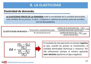 57
VÍDEO EXPLICATIVO. Cómo calcular la elasticidad
8. LA ELASTICIDAD
LA ELASTICIDAD PRECIO DE LA DEMANDA mide la sensibilidad de la cantidad demandada
ante cambios de los precios. Es decir, si bajamos o subimos los precios cómo de sensibles
son los demandantes.
Elasticidad de demanda.
𝑬𝑳𝑨𝑺𝑻𝑰𝑪𝑰𝑫𝑨𝑫 𝑫𝑬𝑴𝑨𝑵𝑫𝑨 =
%variación cantidad demanda
% 𝑣𝑎𝑟𝑖𝑎𝑐𝑖ó𝑛 𝑝𝑟𝑒𝑐𝑖𝑜
=
cambio de la demanda (Q1 − Q0)
cantidad demanda inicial (Q0)
𝑥100
cambio de precio (P1 − P0)
precio inicial (P0)
𝑥100
𝑬𝒅 =
(Q1 − Q0)
(Q0)
(P1 − P0)
(P0)
El resultado de esta operación es siempre negativo
ya que, cuando los precios se incrementan, la
cantidad demandada disminuye y viceversa. Por
ello utilizaremos siempre el número aplicando
valor absoluto (quitamos el signo negativo)
 