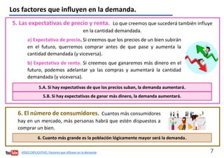 7
5. Las expectativas de precio y renta. Lo que creemos que sucederá también influye
en la cantidad demandada.
6. El número de consumidores. Cuantos más consumidores
hay en un mercado, más personas habrá que estén dispuestos a
comprar un bien.
Los factores que influyen en la demanda.
a) Expectativa de precio. Si creemos que los precios de un bien subirán
en el futuro, querremos comprar antes de que pase y aumenta la
cantidad demandada (y viceversa).
b) Expectativa de renta. Si creemos que ganaremos más dinero en el
futuro, podemos adelantar ya las compras y aumentará la cantidad
demandada (y viceversa).
5.A. Si hay expectativas de que los precios suban, la demanda aumentará.
5.B. Si hay expectativas de ganar más dinero, la demanda aumentará.
6. Cuanto más grande es la población lógicamente mayor será la demanda.
VÍDEO EXPLICATIVO. Factores que influyen en la demanda
 