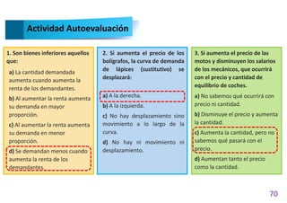 70
Actividad Autoevaluación
1. Son bienes inferiores aquellos
que:
a) La cantidad demandada
aumenta cuando aumenta la
renta de los demandantes.
b) Al aumentar la renta aumenta
su demanda en mayor
proporción.
c) Al aumentar la renta aumenta
su demanda en menor
proporción.
d) Se demandan menos cuando
aumenta la renta de los
demandantes.
2. Si aumenta el precio de los
bolígrafos, la curva de demanda
de lápices (sustitutivo) se
desplazará:
a) A la derecha.
b) A la izquierda.
c) No hay desplazamiento sino
movimiento a lo largo de la
curva.
d) No hay ni movimiento ni
desplazamiento.
3. Si aumenta el precio de las
motos y disminuyen los salarios
de los mecánicos, que ocurrirá
con el precio y cantidad de
equilibrio de coches.
a) No sabemos qué ocurrirá con
precio ni cantidad.
b) Disminuye el precio y aumenta
la cantidad.
c) Aumenta la cantidad, pero no
sabemos qué pasará con el
precio.
d) Aumentan tanto el precio
como la cantidad.
 