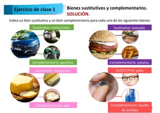 9
Ejercicio de clase 1 Bienes sustitutivos y complementarios.
SOLUCIÓN.
Indica un bien sustitutivo y un bien complementario para cada uno de los siguientes bienes:
Sustitutivo: motocicleta.
Complementario: gasolina.
Sustitutivo: margarina.
Complementario: pan.
Sustitutivo: pescado.
Complementario: patatas.
Complementario: líquido
de lentillas
SUSTITUTIVO: gafas
 