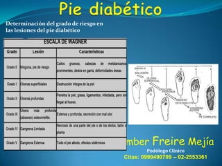 Determinación del grado de riesgo en
las lesiones del pie diabético

Límber Freire Mejía
Podólogo Clínico

Citas: 0999490709 – 02-2553361

 