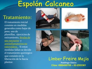 Tratamiento:
El tratamiento inicial
consiste en medidas
generales como bajar de
peso, uso de
plantillas, ejercicios de
estiramiento, férulas de
uso nocturno y
antiinflamatorios no
esteroideos. Si estas
medidas fallan se decide
el tratamiento quirúrgico
que consiste en la
liberación de la fascia
plantar.

Límber Freire Mejía
Podólogo Clínico

Citas: 0999490709 – 02-2553361

 
