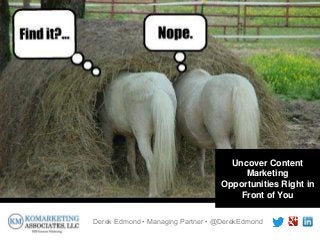 Derek Edmond • Managing Partner • @DerekEdmond
Uncover Content
Marketing
Opportunities Right in
Front of You
 