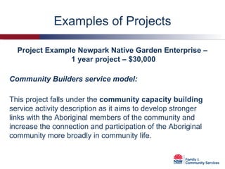 Examples of Projects Project Example Newpark Native Garden Enterprise –  1 year project – $30,000 Community Builders service model: This project falls under the  community capacity building  service activity description   as it aims to develop stronger links with the Aboriginal members of the community and increase the connection and participation of the Aboriginal community more broadly in community life. 