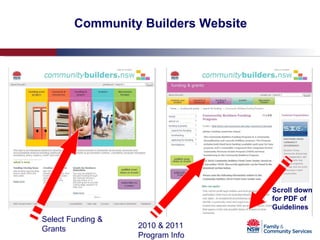 Community Builders Website Select Funding & Grants 2010 & 2011 Program Info Scroll down for PDF of Guidelines 