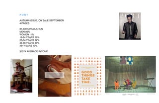 PORT
AUTUMN ISSUE, ON SALE SEPTEMBER
4 PAGES
81,500 CIRCULATION
MEN 89%
WOMEN 11%
18-24 YEARS 19%
25-34 YEARS 32%
34-48 YEARS 39%
48+ YEARS 10%
$157K AVERAGE INCOME

 