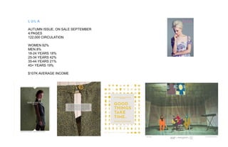 LULA
AUTUMN ISSUE, ON SALE SEPTEMBER
4 PAGES
122,000 CIRCULATION
WOMEN 92%
MEN 8%
18-24 YEARS 18%
25-34 YEARS 42%
35-44 YEARS 21%
45+ YEARS 19%
$107K AVERAGE INCOME

 