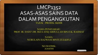 LMCP1352
ASAS-ASAS SAINS DATA
DALAM PENGANGKUTAN
TAJUK : PROJEK AKHIR
NAMA PENSYARAH :
PROF. IR. DATO’.DR. RIZAATIQ ABDULLAH BIN O.K. RAHMAT
NAMA:
NURULAIN HAZWANI BINTI ZULKIFLI
NO.MATRIK:
A164304
 