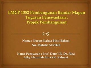 Nama : Nurun Najwa Binti Bahari
No. Matrik: A159421
Nama Pensyarah : Prof. Dato’ IR. Dr. Riza
Atiq Abdullah Bin O.K. Rahmat
 