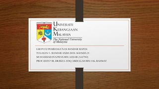 LMCP1532 PEMBANGUNAN BANDAR MAPAN
TUGASAN 5 : BANDAR ANDA DAN AGENDA 21
MUHAMMAD SYAZWAN BIN AZHAR (A167943)
PROF. DATO’ IR. DR RIZA ATIQ ABDULLAH BIN O.K. RAHMAT
 