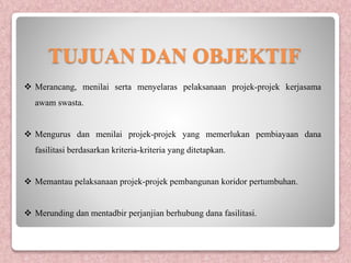 TUJUAN DAN OBJEKTIF
 Merancang, menilai serta menyelaras pelaksanaan projek-projek kerjasama
awam swasta.
 Mengurus dan menilai projek-projek yang memerlukan pembiayaan dana
fasilitasi berdasarkan kriteria-kriteria yang ditetapkan.
 Memantau pelaksanaan projek-projek pembangunan koridor pertumbuhan.
 Merunding dan mentadbir perjanjian berhubung dana fasilitasi.
 