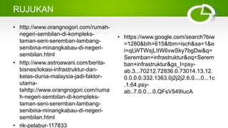 RUJUKAN
• http://www.orangnogori.com/rumah-
negeri-sembilan-di-kompleks-
taman-seni-seremban-lambang-
senibina-minangkabau-di-negeri-
sembilan.html
• http://www.astroawani.com/berita-
bisnes/lokasi-infrastruktur-dan-
kelas-dunia-malaysia-jadi-faktor-
utama-
tahttp://www.orangnogori.com/ruma
h-negeri-sembilan-di-kompleks-
taman-seni-seremban-lambang-
senibina-minangkabau-di-negeri-
sembilan.html
• rik-pelabur-117833
• https://www.google.com/search?biw
=1280&bih=615&tbm=isch&sa=1&e
i=qLWTWsjLIIW6vwSky7bgDw&q=
Seremban+infrastruktur&oq=Serem
ban+infrastruktur&gs_l=psy-
ab.3...70212.72836.0.73014.13.12.
0.0.0.0.332.1363.0j2j2j2.6.0....0...1c
.1.64.psy-
ab..7.0.0....0.QFsV549IucA
 