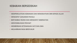 KEBAIKAN BERSEDEKAH
• MEMPERKUATKAN KEIMANAN DAN MENDEKATKAN DIRI KEPADA ALLAH
• MENDAPAT GANJARAN PAHALA
• BERTAMBAH REZEKI DAN MENDAPAT KEBERKATAN
• MENYEMBUHKAN PENYAKT
• MEMBERIKAN KETENANGAN HATI DAN JIWA
• MELAHIRKAN RASA BERSYUKUR
 