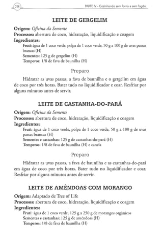 PARTE IV - C o z i n h a n d o s e m f o r n o e s e m f o g ã o




                       LEITE DE GERGELIM
Origem: Oficina da Semente
Processos: abertura de coco, hidratação, liquidificação e coagem
Ingredientes:
    Fruti: água de 1 coco verde, polpa de 1 coco verde, 50 g a 100 g de uvas passas
    brancas (H)
    Sementes: 125 g de gergelim (H)
    Temperos: 1/8 de fava de baunilha (H)

                                   Preparo
     Hidratar as uvas passas, a fava de baunilha e o gergelim em água
de coco por três horas. Bater tudo no liqüidificador e coar. Resfriar por
alguns minutos antes de servir.


             LEITE DE CASTANHA-DO-PARÁ
Origem: Oficina da Semente
Processos: abertura de coco, hidratação, liquidificação e coagem
Ingredientes:
    Fruti: água de 1 coco verde, polpa de 1 coco verde, 50 g a 100 g de uvas
    passas brancas (H)
    Sementes e castanhas: 125 g de castanhas-do-pará (H)
    Temperos: 1/8 de fava de baunilha (H) e canela

                                   Preparo
     Hidratar as uvas passas, a fava de baunilha e as castanhas-do-pará
em água de coco por três horas. Bater tudo no liqüidificador e coar.
Resfriar por alguns minutos antes de servir.


       LEITE DE AMÊNDOAS COM MORANGO
Origem: Adaptado de Tree of Life
Processos: abertura de coco, hidratação, liquidificação e coagem
Ingredientes:
    Fruti: água de 1 coco verde, 125 g a 250 g de morangos orgânicos
    Sementes e castanhas: 125 g de amêndoas (H)
    Temperos: 1/8 de fava de baunilha (H)
 