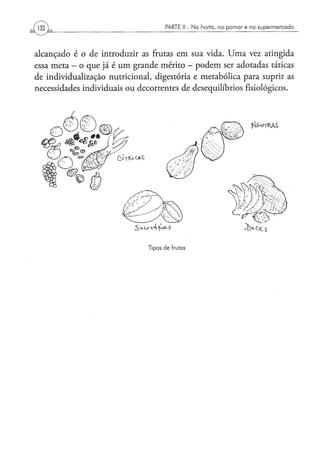PARTE II - N a h o r t a , n o p o m a r e n o s u p e r m e r c a d o




alcançado é o de introduzir as frutas em sua vida. Uma vez atingida
essa meta - o que já é um grande mérito - podem ser adotadas táticas
de individualização nutricional, digestória e metabólica para suprir as
necessidades individuais ou decorrentes de desequilíbrios fisiológicos.




                               T i p o s d e frutas
 
