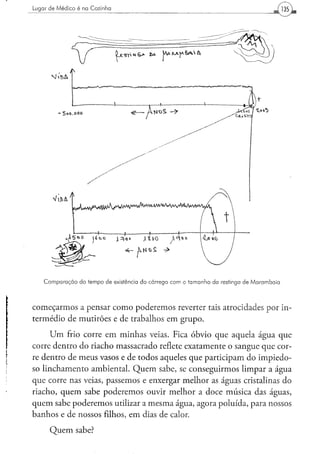 C o m p a r a ç ã o d o t e m p o d e existência d o c ó r r e g o c o m o t a m a n h o d a restinga d e M a r a m b a i a




começarmos a pensar como poderemos reverter tais atrocidades por in-
termédio de mutirões e de trabalhos em grupo.
      Um frio corre em minhas veias. Fica óbvio que aquela água que
corre dentro do riacho massacrado reflete exatamente o sangue que cor-
re dentro de meus vasos e de todos aqueles que participam do impiedo-
so linchamento ambiental. Quem sabe, se conseguirmos limpar a água
que corre nas veias, passemos e enxergar melhor as águas cristalinas do
riacho, quem sabe poderemos ouvir melhor a doce música das águas,
quem sabe poderemos utilizar a mesma água, agora poluída, para nossos
banhos e de nossos filhos, em dias de calor.
      Quem sabe?
 