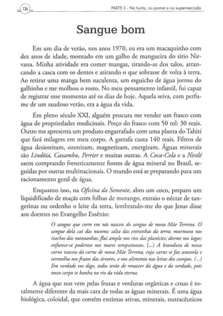 PARTE II - N a h o r t a , n o p o m a r e n o s u p e r m e r c a d o




                         Sangue bom
     Em um dia de verão, nos anos 1970, eu era um macaquinho com
dez anos de idade, montado em um galho de mangueira do sítio Nir-
vana. Minha atividade era comer mangas, tirando-as dos talos, arran-
cando a casca com os dentes e atirando o que sobrasse de volta à terra.
Ao retirar uma manga bem suculenta, um esguicho de água jorrou do
galhinho e me molhou o rosto. No meu pensamento infantil, fui capaz
de registrar esse momento até os dias de hoje. Aquela seiva, com perfu-
me de um saudoso verão, era a água da vida.
     Em pleno século XXI, alguém procura me vender um frasco com
água de propriedades medicinais. Preço do frasco com 50 ml: 30 reais.
Outro me apresenta um produto engarrafado com uma planta do Tahiti
que fará milagres em meu corpo. A garrafa custa 140 reais. Filtros de
água desionizam, ozonizam, magnetizam, energizam. Águas minerais
são Lindóia, Caxambu, Perrier e muitas outras. A Coca-Cola e a Nestlé
saem comprando freneticamente fontes de água mineral no Brasil, se-
guidas por outras multinacionais. O mundo está se preparando para um
racionamento geral de água.

     Enquanto isso, na Oficina da Semente, abro um coco, preparo um
liquidificado de maçãs com folhas de morango, extraio o néctar de tan-
gerinas ou ordenho o leite da terra, lembrando-me do que Jesus disse
aos doentes no Evangelho Essênio:
            O sangue que corre em nós nasceu do sangue de nossa Mãe Terrena. O
            sangue dela cai das nuvens; salta das entranhas                da terra; murmura                nos
            riachos das montanhas; flui amplo nos rios das planícies; dorme nos lagos;
            enfurece-se poderoso   nos mares tempestuosos.            (...) A brandura              de nossa
            carne nasceu da carne de nossa Mãe Terrena, cuja carne se faz amarela e
            vermelha nos frutos das árvores, e nos alimenta             nas leiras dos campos. (...)
            Em verdade vos digo, todos terão de renascer da água e da verdade, pois
            vosso corpo se banha no rio da vida eterna.

     A água que nos vem pelas frutas e verduras orgânicas e cruas é to-
talmente diferente da mais cara de todas as águas minerais. E uma água
biológica, coloidal, que contém enzimas ativas, minerais, nutracêuticos
 