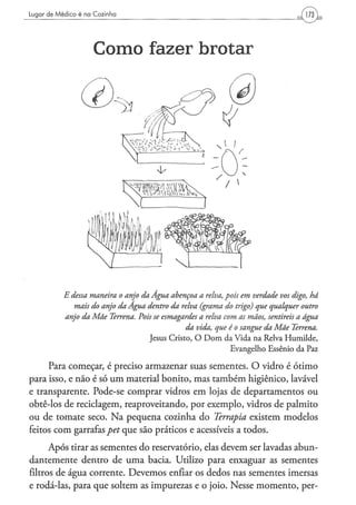 Lugar d e M é d i c o é na Cozinha




                         C o m o fazer brotar




             E dessa maneira o anjo da Agua abençoa a relva, pois em verdade vos digo, há
                 mais do anjo da Agua dentro da relva (grama do trigo) que qualquer   outro
              anjo da Mãe Terrena. Pois se esmagardes a relva com as mãos, sentireis a água
                                                  da vida, que é o sangue da Mãe Terrena.
                                       Jesus Cristo, O D o m da Vida na Relva Humilde,
                                                                Evangelho Essênio da Paz

      Para começar, é preciso armazenar suas sementes. O vidro é ótimo
para isso, e não é só um material bonito, mas também higiênico, lavável
e transparente. Pode-se comprar vidros em lojas de departamentos ou
obtê-los de reciclagem, reaproveitando, por exemplo, vidros de palmito
ou de tomate seco. Na pequena cozinha do Terrapia existem modelos
feitos com garrafas pet que são práticos e acessíveis a todos.
      Após tirar as sementes do reservatório, elas devem ser lavadas abun-
dantemente dentro de uma bacia. Utilizo para enxaguar as sementes
filtros de água corrente. Devemos enfiar os dedos nas sementes imersas
e rodá-las, para que soltem as impurezas e o joio. Nesse momento, per-
 