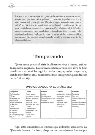PARTE III - N a c o z i n h a




               Receita para parentes que não gostam de verduras e sementes cruas,
               e que tanto precisam delas: primeiro o arroz vai limpinho para a pa-
               nela quente até quase pipocar. Depois, a água fervendo, com pouco
               sal. Como já vimos, tudo vai embora, só ficando amido e sal. Sobre
               esse amido branco e sem vida, joga-se então cebolinha, nirá, brócolis,
               cenoura e cúrcuma bem picadinhos, batizando a mistura com um belo
               azeite extra virgem. No lugar do arroz, pode ser aipim, batatas cozidas
               ou massas. Eles comem até o fundo da panela e absorvem um tanto
               de nutracêuticos!




                                         Temperando
    Quem pensa que a culinária de alimentos vivos é insossa, está re-
dondamente enganado! Esse universo saboroso vai muito além de ficar
roendo uma cenourinha orgânica. Além disso, quando temperamos,
usando ingredientes crus, adicionamos mais uma grande quantidade de
nutracêuticos. Veja:


                              T E M P E R O S U S A D O S N A CULINÁRIA VIVA

    Salgados                   Doces               Azedos               Oleosos                    Picantes
    Sal marinho                Frutas s e c a s    Limão                Azeite extra v i r g e m   Gengibre
    Shoyu                      (damasco, passas    Laranja pera         Sementes, nozes e          Cúrcuma
    Missô escuro               de uva, tâmaras,    Tangerina poncan     castanhas                  Pimenta d e d o - d e -
    Umeboshi                   ameixas)            Toranja              Abacate                    moça
    Algas marinhas             Polpa d e c o c o   Vinagre de m a ç ã   Polpa d e c o c o          Pimenta-de-cheiro
    Azeitonas                  Baunilha em fava                         Azeitonas                  Pimenta-do-reino
    Salsa                      Canela                                   Quinoa                     Pimentão
    Manjericão                 Cardamomo
    Cominho                    Sementes e cas-
    Orégano                    tanhas
    Curry (feno g r e g o )    Missô claro
    Louro                      Estévia
V
                                                                                                                             J



      Aqui estão enunciados os temperos que utilizamos atualmente na
Oficina da Semente. Por favor, não pense que esses são os únicos tempe-
 