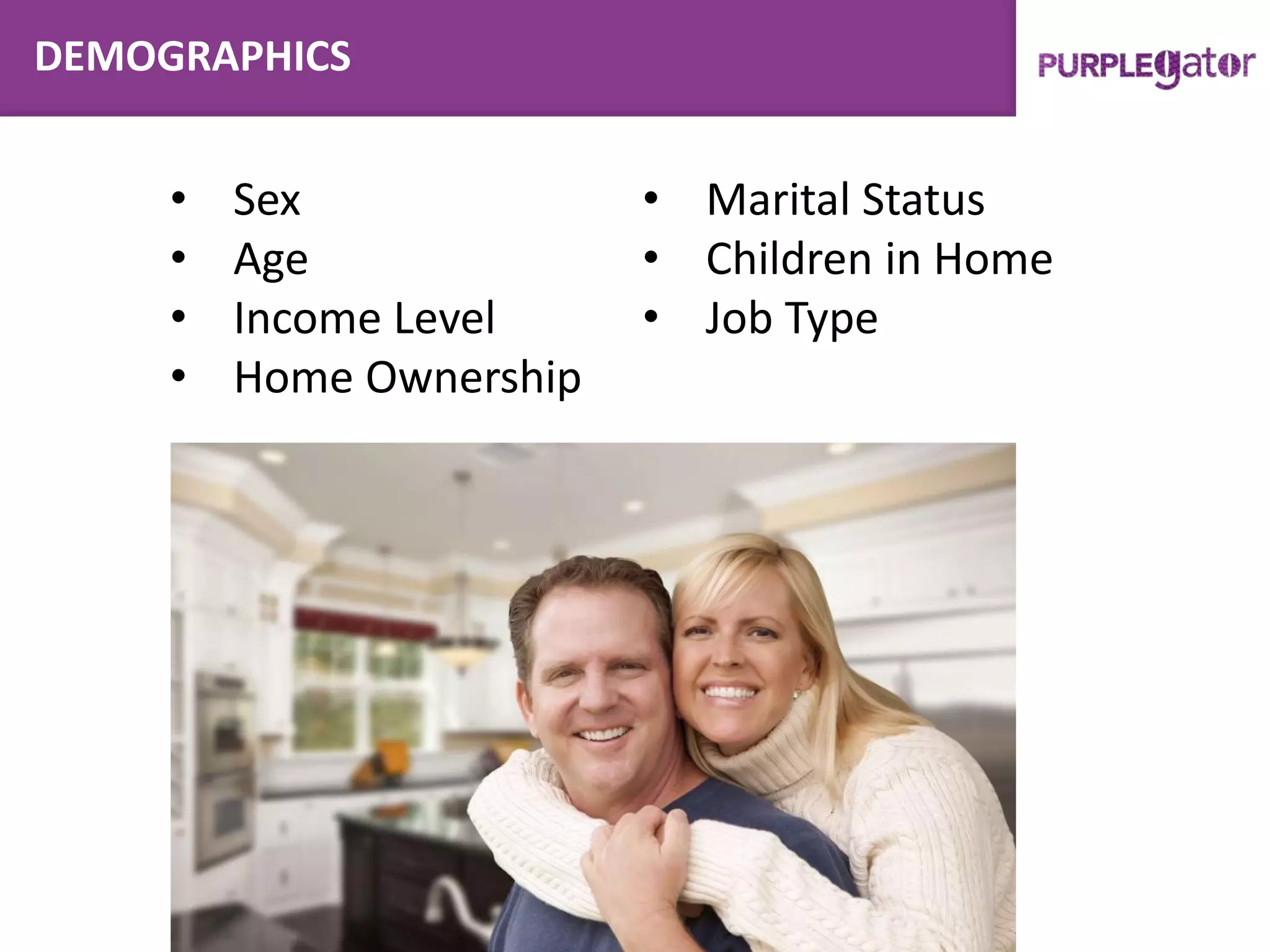 DEMOGRAPHICS
• Sex
• Age
• Income Level
• Home Ownership
• Marital Status
• Children in Home
• Job Type
 