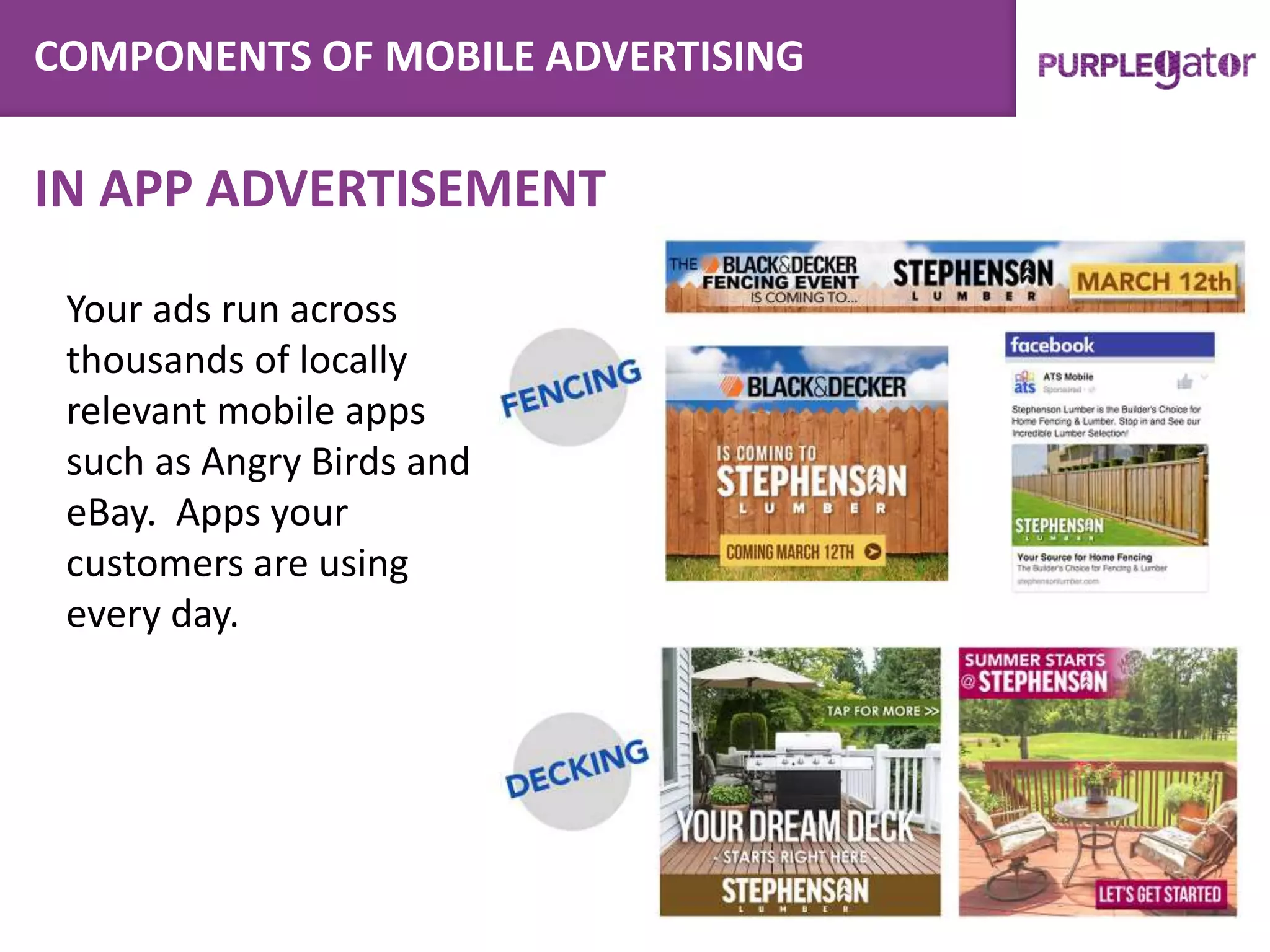 COMPONENTS OF MOBILE ADVERTISING
Your ads run across
thousands of locally
relevant mobile apps
such as Angry Birds and
eBay. Apps your
customers are using
every day.
IN APP ADVERTISEMENT
 