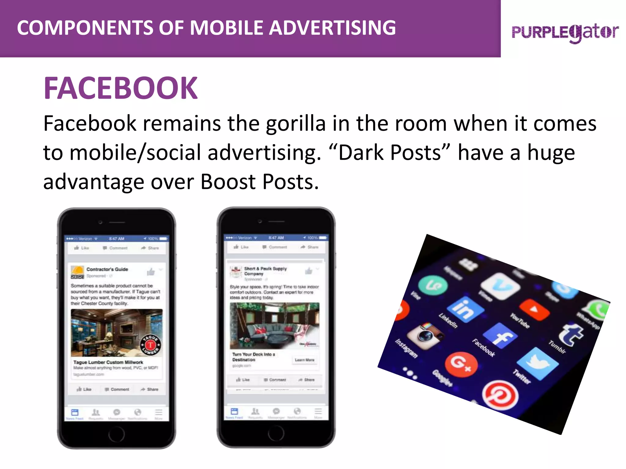 COMPONENTS OF MOBILE ADVERTISING
FACEBOOK
Facebook remains the gorilla in the room when it comes
to mobile/social advertising. “Dark Posts” have a huge
advantage over Boost Posts.
 