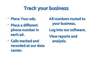 Track your business Place Your ads. Place a different phone number in each ad. Calls tracked and recorded at our data center. All numbers routed to your business. Log into our software. View reports and analysis. 