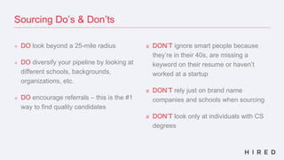 + DO look beyond a 25-mile radius
+ DO diversify your pipeline by looking at
different schools, backgrounds,
organizations, etc.
+ DO encourage referrals – this is the #1
way to find quality candidates
× DON’T ignore smart people because
they’re in their 40s, are missing a
keyword on their resume or haven’t
worked at a startup
× DON’T rely just on brand name
companies and schools when sourcing
× DON’T look only at individuals with CS
degrees
Sourcing Do’s & Don’ts
 