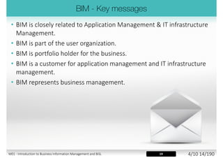 • Organizations depend on information systems and information
management is therefore critically important
• Essential to be in control of IT outsourcing
• Complex organizations have varied demands – BIM is the central
contact for both the business and IT
• BIM helps to deal with rapid change in organizations and their
requirements
• Operations and strategy must be linked
• BiSL is a generic framework for BIM
13M01 - Introduction to Business Information Management and BiSL 3/10 14/194
 