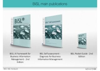 BiSL: A Framework for
Business Information
Management - 2nd
Edition
BiSL Pocket Guide - 2nd
Edition
BiSL Self-assessment -
Diagnosis for Business
Information Management
M02 - BiSL Framework 6/11 27/194
 
