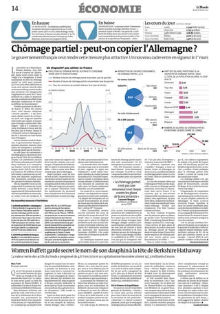 14                                                                                économie                                                                                                                                                  0123
                                                                                                                                                                                                                                      Mardi 28 février 2012




                         En hausse                                                                         En baisse                                                     Les cours du jour ( 27/02/12 , 09 h 42 )
                         la publicité – Les dépenses publicitaires                                         transocean – Le groupe suisse Transocean,                     Euro                    1euro                        1,343 dollar (achat)
                         mondiales devraient augmenter de 4,9% cette                                       leader mondial du forage pétrolier en mer, a
                                                                                                                                                                         Or                      Once d’or                    1 777,5 dollars
                         année, contre 3,8% en 2011, selon Strategy Analy-                                 annoncé, lundi 27 février, une perte de 5,7 mil-
                         tics. En France, la hausse sera plus limitée (+ 3,2%).                            liards de dollars pour son exercice 2011, prove-              Pétrole                 LightSweet Crude             108,81 dollars
                         La télévision devrait encore s’octroyer 40% des                                   nant essentiellement de provisions liées à l’ex-              Tauxd’intérêt           France                       3,07 (à dix ans)
                         dépenses, mais Internet progresse (18%).                                          plosion de la plateforme Deepwater. – (AFP.)                  Tauxd’intérêt           Etats-Unis                   1,96 (à dix ans)




Chômage partiel: peut-on copier l’Allemagne?
Le gouvernement français veut rendre cette mesure plus attractive. Un nouveau cadre entre en vigueur le 1er mars


L                                          Un dispositif peu utilisé en France
      e président de la République,
      Nicolas Sarkozy, n’en finit
      pas de s’inspirer de l’Allema-
                                          A ÉVOLUTION DU CHÔMAGE PARTIEL AUTORISÉ ET CONSOMMÉ                                       A RÉPARTITION DES HEURES CONSOMMÉES                       A PART DES SALARIÉS PARTICIPANT À UN
gne. Après avoir voulu copier la            ENTRE 2007 ET 2010 EN FRANCE                                                              DE CHÔMAGE PARTIEL, en %                                  DISPOSITIF DE CHÔMAGE PARTIEL DANS
« règle d’or » budgétaire, il tente                 Nombre d’heures de chômage partiel autorisées (axe de gauche)                                                                               LE TOTAL DE LA POPULATION SALARIÉE, en 2009
maintenant de faire du chômage                                                                                                         Par secteur d’activité                                   et en %
partiel un outil aussi puissant                     Nombre d’heures de chômage partiel consommées (axe de gauche)
                                                                                                                                                                                                Danemark         0,47
qu’il l’est outre-Rhin. Réformée en                 Taux de croissance du produit intérieur brut (axe de droite)                       Industrie                           Agriculture
2009, cette mesure vient de subir                                                                                                                                                  0,5           Pays-Bas                 0,75
un nouveau lifting,censé la rendre            en millions d’heures                                                  en %
plus attractive. Ces changements                                                                                                                                                                 France                    0,83
                                             120                                                                       –2
s’appliqueront à partir du 1er mars.
Suffiront-ils à doper ce dispositif,                                                                                                                83,9                      Services           Espagne                    1,01
qui vise à atténuer les effets d’une                                                                                                                                              13,1
mauvaise conjoncture et éviter,              100                                                                     – 1,5                                                                       Irlande                    1,03
ou différer, les licenciements?
    Tombée quasiment en désuétu-                                                                                                                                         Construction
                                                                                                                                                                                  2,5            Moyenne OCDE                 1,44
de depuis le début des années
2000, cette mesure, rebaptisée                 80                                                                      –1
                                                                                                                                                                                                 Allemagne                                3,17
« activité partielle », a été forte-                                                                                                   Par taille d’établissement
ment utilisée à partir du 4e trimes-                                                                                                                                                             Italie                                   3,29
tre 2008. Son usage est toutefois                                                                                    – 0,5
                                               60                                                                                      50 à 499 salariés                  500 salariés
resté limité par rapport à d’autres
                                                                                                                                                                              ou plus            Belgique                                           5,6
pays d’Europe, en particulier l’Alle-
magne – celle-ci y a consacré, en                                                                                                                                                35,5
2009, 6 milliards d’euros, soit dix           40                                                                           0                                                                  A NOMBRE DE SALARIÉS AU CHÔMAGE PARTIEL
fois plus que la France. Depuis le                                                                                                                                                              EN MOYENNE UN MOIS DONNÉ DE L’ANNÉE
4e trimestre 2009, le chômage par-                                                                                                                 39,8
                                                                                                                                                                                                                               230 564
tiel est à nouveau en forte baisse
                                               20                                                                      0,5
dans l’Hexagone.
    Lors du sommet social du 18 jan-                                                                                                                                                                                                              78 085
vier, le gouvernement français a
annoncé plusieurs mesures pour                                                                                             1                                                                               35 639
                                                0                                                                                                                                              11 561
inciter les entreprises à y recourir
                                                 T1 T2 T3 T4         T1 T2 T3 T4 T1 T2 T3 T4          T1 T2 T3 T4                      20 à 49 salariés          Moins de 20 salariés
davantage plutôt que de licencier.
                                                      2007              2008             2009              2010                        11,2                                      13,5           2007              2008             2009          2010
    Le coût pour les entreprises a
                                                                                                                                                                                                                         SOURCES : DARES; COUR DES COMPTES
été allégé grâce à une prise en char-
ge accrue de l’Etat, de 100 millions
d’euros. Les partenaires sociaux         sans tenir compte du rapport 2011        tif,celle-cipourrademanderàl’em-             heures de chômage partiel autori-         rié. C’est que plus d’entreprises y       ge-t-il, « les cadences augmentent,
de l’Union nationalepour l’emploi        de la Cour des comptes, qui a esti-      ployeur des éclaircissements.                sées sont consommées. Car les             recourent, notamment les PME».            les salariés vont perdre de l’argent
dans l’industrie et le commerce,         méque« l’importancedes aidesjus-             «Il y aura des abus, tout simple-        entreprises se couvrent, au cas où.           La référence constante aux            mais GM Strasbourg, qui fait des
qui finance l’activité partielle de      tifie un régime d’autorisation préa-     ment parce que nous ne serons plus              Chez STX (chantiers navals), à         « modèles » étrangers a aussi ses         bénéfices depuis des années, va tou-
longue durée (APLD), ont décidé          lable ». Celui-ci existe dans beau-      là pour rappeler les règles aux              Saint-Nazaire (Loire-Atlantique),         limites. Certes, en Allemagne, en         cher 1,5 million d’aides publiques
d’y consacrer 80 millions d’euros        coup de pays, dont l’Allemagne.          employeurs», craint Astrid Tous-             par exemple, en 2008 et 2009,             2009, il y a eu 1,5million de salariés    pour le chômage partiel cette
cette année, s’ajoutant aux 40mil-           Jusqu’à présent, avant de don-       saint, membre du conseil national            «nousavonsutilisé untiersdes heu-         en chômage partiel, contre 275 000        année ». L’avenir de l’usine n’est
lions non dépensés auparavant.           ner son accord, l’inspection du tra-     dusyndicatSUD-Travaildel’inspec-             res demandées grâce à la signature        en France. Mais les systèmes sont         pas assuré pour autant.
Des formations pourront avoir            vail devait s’assurer auprès de l’en-    tion du travail. L’entreprise devra                                                    différents.                                  « Le chômage partiel n’est pas
lieu pendant les heures chômées.
    Afin de simplifier l’accès au chô-
                                         treprise du caractère temporaire et
                                         exceptionnelde la réductiond’acti-
                                                                                  ensuite adresser à l’administration
                                                                                  une demande de paiement des
                                                                                                                               «Le chômage partiel                           La Cour des comptes relève que
                                                                                                                                                                         l’Allemagneetl’Italieontdesdispo-
                                                                                                                                                                                                                   une assurance tout risque contre les
                                                                                                                                                                                                                   plans de licenciements, concède
mage partiel, le ministre du travail,    vité.Elle avaitvingtjourspourdon-        aides pour les heures réellement                 n’est pas une                         sitifs couvrant le chômage partiel        M.Berger. Il vise à éviter les licencie-
Xavier Bertrand, a aussi décidé la
suppressiondel’autorisationadmi-
                                         ner sa réponse. Désormais, l’avis
                                         des représentants du personnel
                                                                                  chômées, avec des justificatifs.
                                                                                      Les causes de la « sous-consom-
                                                                                                                               assurance tout risque                     saisonnier, structurel ou conjonc-
                                                                                                                                                                         turel, alors qu’en France, il ne
                                                                                                                                                                                                                   ments trop hâtifs. »
                                                                                                                                                                                                                      L’Organisation de coopération
nistrativepréalableàsamiseenpla-         devra simplement être transmis à         mation» des dispositifs de chôma-               contre les plans                       concerne que la sous-activité             et de développement économi-
ce, contre l’avis des syndicats. Et      l’administration.Encasd’avisnéga-        ge partiel en France sont multiples.
                                                                                  « La plupart des entreprises ont un
                                                                                                                                de licenciements»                        conjoncturelle.Lesaidesauxentre-
                                                                                                                                                                         prises y sont supérieures. De plus,
                                                                                                                                                                                                                   quesestimequ’en2008-2009,il y a
                                                                                                                                                                                                                   eu 221 500 emplois préservés en
                                                                                                                                      Laurent Berger
De nouvelles mesures d’incitation                                                 accord d’annualisation du temps                                                        outre-Rhin,l’indemnitéestdirecte-         Allemagne, et entre 15 000 et
                                                                                                                                    secrétaire confédéral
                                                                                  de travail, qui leur donne de la sou-                                                  mentversée aux salariésparl’assu-         18 000 en France. Toutefois, le
                                                                                                                                         de la CFDT
L’activité partielle « classique »       durée (APLD), et à 100 % pen-            plesseetqu’ellesdoiventd’aborduti-                                                     rance-chômage, évitant aux                recul est encore insuffisant pour
L’Etat a décidé d’augmenter d’un         dant les temps de formation.             liser», précise Mme Toussaint.                                                         employeurs d’en faire l’avance            avoirdesdonnéesfiablesetcomplè-
euro l’heure l’allocation spécifi-       Financée par l’Unedic, à hauteur             « Dans l’automobile, certains            d’un accord d’accompagnement              comme en France.                          tes. D’autant que le gouvernement
que de chômage partiel versée            de 2,90 euros de l’heure, l’APLD         accords prévoient des jours de               permettant des redéploiements de              Au final, combien d’emplois           n’apasengagédemécanismed’éva-
aux entreprises. Elle est portée à       est prévue par un accord national        réduction du temps de travail “col-          postes vers d’autres services ou filia-   sont-ils préservés grâce au chôma-        luation lorsqu’il a réactivé le dispo-
4,33 euros l’heure pour les entre-       interprofessionnel du 6 février          lectifs” dans le compte épargne              les et parce que nous avons eu des        ge partiel ? Chez General Motors          sitif en 2009, comme le souligne la
prises de plus de 250 salariés, à        2012, qui réforme le dispositif de       temps, que le salarié est obligé de          retours de charge, témoigne Marc          (GM), à Strasbourg, Roland Robert,        Cour des comptes.
4,84 euros pour les autres, avec         2009. Les représentants du per-          prendreen cas desous-activité,relè-          Ménager, délégué syndical CFDT.           délégué syndical CGT s’interroge:            « On ne sait pas combien d’em-
un maximum de 1 000 heures par           sonnel doivent être consultés sur        ve Jean-Christophe Sciberras, pré-           Lesentreprises«préfèrentfonction-         « Nous sortons de deux plans de           plois ont été sauvés, on ne sait pas si
an et par salarié. Le salarié per-       des actions de formation. Les            sident de l’Association nationale            ner avec plus de contrats à durée         licenciement, en 2008 et 2009, avec       la garantie d’emploi liée à l’APLD est
çoit 60 % de son salaire brut.           conventions d’APLD doivent être          des directeurs des ressources                déterminée, d’intérim et de sous-         du chômage partiel de longue              respectée, déplore Stéphane Lardy,
                                         supérieures à 2 mois (3 mois             humaines (ANDRH). Cela coûte                 traitance qu’avec du chômage par-         durée en même temps. Et pour 2012,        secrétaire national de FO. On ne
L’activité partielle de longue           auparavant). L’employeur s’enga-         moins cher à l’entrepriseque le chô-         tiel». Pour Laurent Berger, secrétai-     trente-neuf jours de chômage par-         peut pas continuer comme ça, en
durée La rémunération passe à            ge à maintenir les emplois concer-       mage partiel. »                              re confédéral de la CFDT, « le but        tiel sont encore prévus pour              aveugle. » L’accord APLD de 2012
75 % du salaire brut dans le cas         nés pour une durée égale au dou-             Les statistiques montrent aussi          n’est pas que les entreprises utili-      800salariés sur un millier.»              prévoit«un bilan» enfin d’année. p
de l’activité partielle de longue        ble de celle de la convention.           qu’en réalité, seuls 30 % à 40 % des         sent 1 000heures par an et par sala-          Dans le même temps, s’insur-                          Francine Aizicovici



WarrenBuffettgardesecretle nom deson dauphinà la tête de BerkshireHathaway
La valeur nette des actifs du fonds a progressé de 4,6% en 2011 et sa capitalisation boursière atteint 147,3milliards d’euros

New York                                 désigné. En contact avec les mem-        88 ans, ne comptaient quitter les            M. Buffett prospèrent: en 2011, les       ment David Sokol, l’un des lieute-        s’être complètement trompé en
Envoyée spéciale                         bres du conseil de Berkshire, celui-     affaires. On « reste dans les para-          profits de Berkshire ont reculé de        nants du milliardaire, comme le           annonçant le redressement du
                                         ci prendra ses fonctions le jour         ges, écrit-il. Et ne déduisez pas de         21 %, mais la valeur nette compta-        futur « Warren Buffett Junior ».          marché immobilier. Il n’empêche,

Q      ui est l’élu promis à rempla-
       cer l’un des hommes les plus
       riches au monde et les plus
                                         venu, « sans heurt », a promis l’oc-
                                         togénaire. Le nom d’Ajit Jain à la
                                         tête d’une compagnie de réassu-
                                                                                  ces discussions que Charlie et moi
                                                                                  partons où que ce soit, nous som-
                                                                                  mes toujours en excellente santé et
                                                                                                                               ble de ses actifs a progressé de
                                                                                                                               4,6 %, plus que la Bourse de Wall
                                                                                                                               Street. La capitalisation boursière
                                                                                                                                                                         Mais suspecté de délit d’initiés,
                                                                                                                                                                         M. Sokol avait dû démissionner
                                                                                                                                                                         quelques semaines plus tard.
                                                                                                                                                                                                                   les prochains investissements du
                                                                                                                                                                                                                   papy milliardaire resteront
                                                                                                                                                                                                                   l’exemple à suivre.
admirés des Etats-Unis? Le mystè-        rance détenue par Berkshire est          nous aimons ce que nous faisons».            du fonds atteint 198,1 milliards de          Le rôle incombe donc désor-               A moins que M. Buffett ne se
re reste entier quant au nom du          régulièrementcité. Mais on ignore            La succession de l’homme d’af-           dollars (147,3milliards d’euros).         mais au mystérieux « élu ». Sau-          détourne du terrain de la finance
successeur de Warren Buffett, le         si M. Jain convoite réellement le        faires était devenue un sujet d’an-                                                    ra-t-il l’assumer ? En un demi-siè-       vers celui de la politique… Démo-
milliardaire à la tête du fonds d’in-    poste.Quel qu’il soit, ce successeur     goisse pour les actionnaires de              De la finance à la politique              cle, Warren Buffett a su transfor-        crate convaincu, il est à l’origine
vestissementBerkshireHathaway.           seraépaulépar deuxgérants recru-         Berkshire. Qui pourrait remplacer               En mai2010, lors de l’Assemblée        mer Berkshire en un géant finan-          d’un plaidoyer appelant à taxer
    Mais dimanche 26 février, une        tés récemment, Todd Combs et             ce financier au sens des affaires            générale de Berkshire, « Charlie »        cier composé entre autres de parti-       davantage les super-riches com-
partie du voile a été levée à l’occa-    Ted Weschler.                            quasi infaillible, capable de rester         ne voyait plus qu’une solution            cipationsdans l’informaticienIBM          melui. Une intrusion malvue chez
sion de la publication de la lettre         Après un demi-siècle passé à la       à l’écart de la bulle Internet et de         pour venir à bout du casse-tête de        ou la compagnie de chemins de fer         lesrépublicains.ChristopherChris-
annuelle aux actionnaires du             tête de sa société, M. Buffett a tou-    produits toxiques comme les sub-             la succession de son partenaire :         Burlington Northern Santa Fe.             tie, gouverneur du New Jersey, a
fondsde M.Buffett. Pourla premiè-        tefois pris soin de préciser que ni      primes ? Qui saura mieux que lui             «Shoot him! » («Tuez-le ! »), avait-il       Encensé par Wall Street, M. Buf-       ainsi suggéré à M. Buffett « de faire
re fois, à 81ans,le « Papyde la finan-   lui ni son compère de toujours,          les enrichir encore ?                        plaisanté, avant que la compagnie         fett a commis toutefois quelques          un chèque et de la fermer ». p
ce » a indiqué qu’un dauphin était       Charlie Munger, alias « Charlie »,           Car, crise ou pas, les affaires de       nedésigneplusoumoinsofficielle-           erreurs. Il a notamment reconnu                               Claire Gatinois
 