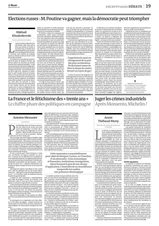 0123
Mardi 28 février 2012                                                                                                                                              décryptages DÉBATS                                                  19

Elections russes : M.Poutine va gagner, mais la démocratie peut triompher
                                                 réduit en poussière le mythe persistant         n’ont pas été autorisés à participer. En           Il suffit pour s’en convaincre d’analyser     tions avec l’opposition et une transition en
                                                 selonlequellesmasses tiennentà M. Pouti-        2004, la dernière fois que M. Poutine était     les tenants et aboutissants des révolutions      douceur, réelle, pourrait débuter.

         Mikhaïl                                 ne parce qu’il incarnerait la stabilité.
                                                     M. Poutine a réagi en se moquant des
                                                                                                 candidat à la présidentielle, il l’a remporté
                                                                                                 au premier tour. Nous verrons bien ce qu’il
                                                                                                                                                 arabes. Les situations de ces pays et de la
                                                                                                                                                 Russiesontdifférentes,maisl’onpeuttrou-
                                                                                                                                                                                                      J’apprécierais aussi un changement de
                                                                                                                                                                                                  comportementde la part des paysocciden-

       Khodorkovski                              manifestants, allant jusqu’à prétendre
                                                 qu’il avait confondu le ruban blanc symbo-
                                                                                                 vaadvenircettefois. Maissoyonsclairs:s’il
                                                                                                 estcontraintàunsecondtour,alorslasitua-
                                                                                                                                                 ver des points communs. D’abord, duCaire
                                                                                                                                                 à Damas, de Moscou à Magadan, les
                                                                                                                                                                                                  taux. Ils devraient cesser de faire la danse
                                                                                                                                                                                                  du ventre devant un tuyau de gaz ! Ils doi-
                                                 le de cette opposition avec celui employé       tion sera différente.                           citoyensveulentêtre traités avec respect et      vent parler haut et fort, d’une seule voix,
       Ancien président de Ioukos                pour promouvoir le port du préservatif.             Un second tour signifierait que le chan-    dignité – mon pays ne fait pas exception!        pourréclamerdevraiesréformesdémocra-




L
                                                 Les pouvoirspublics ont,quantà eux, réagi       gement que nous attendons est en che-              Ensuite, les révolutions arabes nous ont      tiques. Il est temps pour eux de reconnaî-
            ’annéeestricheenélectionspré-        avec discrétion en lançant des réformes         min: qu’une évolution, et non une révolu-       montré que personne ne peut retenir la           trequeleseulmoyendegarantir,àlongter-
            sidentielles. Mais alors que la      qui permettent l’enregistrement de nou-         tion, est possible. Nous ne voulons pas du      puissancedesnouvellestechnologiespour            me, un développement harmonieux de
            lutte sera intense en France et      veaux partis politiques pour les prochai-       sang qui a abreuvé les rues de différentes      informeretmobiliser.Latechnologiea ren-          nos relations est d’arrêter de se cacher der-
            aux Etats-Unis, le résultat de la    nes élections à la Douma, et le retour à        capitales, mais nous souhaitons que les         du le pouvoir au peuple. D’ici dix ans, les      rière le mythe de la stabilité pour légitimer
            présidentielledu 4 mars en Rus-      l’élection, plutôt que la nomination, pour      choses changent. C’est la mission de notre      classes moyennes russes éduquées repré-          un régime qui déçoit son propre peuple –
            sienesembleguèrefairededou-          la désignation des gouverneurs de régions.      générationquedechangersansguerrecivi-           senteront la majorité de la population.          un peuple qui est en train de se réveiller.
te. Pourtant, cette absence de suspense          Sans le vouloir, ces utiles réformes pour-      le les paradigmes de la Russie.                 Elles demanderont leur place autour de la            Et donc je vous demande de regarder de
quant au résultat ne doit pas laisser croire     raient constituer le catalyseur de transfor-                                                    table, dans un système démocratique et           près les résultats de cette élection. En Fran-
que l’enjeu est limité.
   D’un point de vue occidental, la permu-
                                                 mations plus fondamentales.
                                                     Elles donnent l’espoir que les graines de
                                                                                                    J’apprécierais aussi un                      pluraliste et n’accepteront pas qu’on la
                                                                                                                                                 leur refuse.
                                                                                                                                                                                                  ce et aux Etats-Unis, le vote revient à choi-
                                                                                                                                                                                                  sir entre de vraies visions politiques alter-
tation de poste de Vladimir Poutine, qui         la modernité peuvent être plantées dans le         changement de la part                           Personnenes’attendà cequecela sepro-          natives. Dans mon pays, le calcul électoral
devrait quitter ses fonctions de premier
ministre pour redevenir président – ce qui
                                                 sol russe sous la forme de candidats de
                                                 valeur pour la haute fonction publique.
                                                                                                     des pays occidentaux.                       duise en une nuit, mais le vote du 4 mars
                                                                                                                                                 offreune chance de mettre fin au monopo-
                                                                                                                                                                                                  est plus simple : choisir Poutine au pre-
                                                                                                                                                                                                  mier ou au second tour. Mais ne vous y
luiaurapermisdecontournerla règleinter-          Des personnalités de l’opposition capables          Ils devraient cesser de                     le du pouvoir du probable président. Nous        trompez pas ! Le retour du « président Pou-
disant au président d’exercer plus de deux
mandatsconsécutifs– pourraitlaisserpen-
                                                 de relever le défi posé par les structures du
                                                 pouvoir pourraient émerger. D’ici là, l’op-
                                                                                                   faire la danse du ventre                      ne devrions pas redouter cela. En forçant la
                                                                                                                                                 tenue d’un second tour, nous mettrons le
                                                                                                                                                                                                  tine» au Kremlin, après soit avoir manipu-
                                                                                                                                                                                                  lé les votes au premier tour, soit avoir été
ser qu’il s’agit d’un « business as usual »      position politique devra se rassembler en         devant un tuyau de gaz !                      pays sur le bon chemin. Le pouvoir prési-        forcé à un second tour, alertera le monde
dans le petit monde fermé du Kremlin.            deux ou trois nouveaux partis, aux capaci-                                                      dentiel, qui jusqu’à présent n’écoutait per-     que de vrais changements sont en cours en
Mais ce n’est pas ainsi que l’ont perçu mes      tés suffisantes pour dépasser le statu quo         Les abus de pouvoir des dirigeants ont       sonne, sera contraint de commencer à ten-        Russie. Un changement politique inélucta-
concitoyens, insultés par cette perspective      et permettre d’éviter le piège du Kremlin       trop longtemps été notre lot. Nous devons       dre l’oreille aux désirs du peuple qu’il est     ble. Et bienvenu. p
inouïe de devoir supporter un président          consistant à diviser pour mieux régner sur      moderniser notre économie, construire           censé servir. L’Etat, qui jusqu’à présent
inamovible pendant la prochaine décen-           une myriade de petits groupes rivaux.           une société civile authentique, mettre fin      considérait comme acquis son pouvoir
nie, voire plus. Les pauvres, la classe              S’il s’agit là d’une vision à terme, que    au nihilisme légal et éradiquer la corrup-      monopolistique, devra modérer son com-                            ¶
moyenneet les riches sont descendusdans          peut-on attendre de l’élection? Mon espoir      tion. Nous devons faire cela pour permet-       portement. Les politiciens, qui se sont                 Mikhaïl Khodorkovski
la rue, rendus furieux par les basses            est que la participation sera forte et que      tre à nos enfants et petits-enfants d’avoir     regroupés en opposition, pourraient deve-        a été condamné à 14ans de prison
manœuvres et autres arrangements qui             mes chers concitoyens prendront le temps        uneviemeilleure.Nousdevonslefaireaus-           nir une force à qui parler, une voix pour           et incarcéré dans une colonie
ont marqué les élections législatives de         d’étudier les quatre candidats participant      si pour notre pays, ce pays que nous            exprimer les pensées et les vues de ceux           pénitentiaire de Karélie. Il est
décembre 2011. Ce mouvement, soutenu             au scrutin, même si nombre d’électeurs          aimons et qui doit prospérer et s’adapter à     qui étaient jusque-là ignorés. Le pouvoir        reconnu prisonnier de conscience
même par les élites, a changé l’équation et      ont préféré trouver d’autres noms, qui          un monde en mouvement.                          serait contraint d’engager des négocia-              par Amnesty International



La France et le fétichisme des «trente ans» Juger les crimes industriels
Le chiffre phare des politiques en campagne Après Monsento, Michelin?
                                                             aussi. Interrogéen juin2010 surle site Le Post.fr, le pré-                                                                           etles soins.L’eaudela forêtalimenteun lac
                                                             sident de SOS-Racisme, Dominique Sopo, réplique à                                                                                    naturel qui sert à irriguer les champs. Pour

        Antoine Menusier                                     Marine Le Pen, qui affirme alors ne pas se reconnaître
                                                             dans certains joueurs de l’équipe de France de foot-                                         Annie                                   construire l’usine Michelin, les pâturages
                                                                                                                                                                                                  sont araséset la forêt abattue,ce qui provo-

                        Journaliste
                                                             ball : « [ELLE]utilise les mêmes arguments que l’extrê-
                                                             me droite il y a trente ans.»                                                            Thébaud-Mony                                que l’assèchementdu lac, empêchant ainsi
                                                                                                                                                                                                  l’élevage. Avec la destruction de la forêt,




P
                                                                 DanslabouchedeMme LePenetdeM.Zemmour,l’in-                                                                                       plus de 150 espèces de plantes médicina-
              ierreBachelet,dansunechanson,sesouve-          vocationdes« trente ans » vautappel au dépassement,                                    Directrice de recherche honoraire             les, utiles aux paysans, disparaissentaussi.
              nait avec délice de ses 20 ans, qu’il avait    voire au renversement de « l’ordre établi » ; chez                                                 à l’Inserm                            Une plainte contestant les conditions




                                                                                                                                                 L
              « pour très longtemps ». La France, elle, a    M.Sopo, elle relativise le fait observé pour mieux l’ins-                                                                            frauduleusesd’autorisationdecetteopéra-
              30 ans, depuis très longtemps, et c’est un     taller dans la continuité. Au FN, rien de nouveau, en                                           e 13 février, au tribunal pénal de   tion de dégradation environnementale est
              supplice. « Même les plus chouettes souv’-     somme.                                                                                          Turin, Stephan Schmidheiny et        en cours d’instruction devant le « tribunal
              nirs, ça t’a une de ces gueules », déchan-         La force de délégitimation qu’elle peut avoir n’a pas                                       lebaronLouisde Cartierde Mar-        vert » de New Delhi. La décision, qui était
te-t-elle avec Léo Ferré. Trenteans?                         échappé à François Bayrou – poursuivi sur la Toile par                                          chienne, anciens PDG d’Eternit       attendue le 22 février, a été différée. Pen-
    Plus qu’un âge, une durée, longue et pénible, surgie     des internautes facétieux qui le tiennent pour cores-                                           SuisseetBelgique,ontétérecon-        dant ce temps, la construction de l’usine
au tournant des années 1970-1980 tel un bloc de désil-       ponsable du « bilan » des trois décennies écoulées. Le                                          nus coupables du crime de            continue. Dans le cadre d’un accord passé
lusions programmées – décroissance, décroyance. Elle         30novembre 2011, sur le plateau de BFM TV et à RMC,                                 « désastre volontaire» et condamnés à sei-       avec le gouvernement du Tamil Nadu, la
estsynonymede procèsen incompétence,en renonce-              le candidat du MoDem à l’élection présidentielle avait                              ze ans de prison ferme. En raison de la stra-    firme a obtenu des dégrèvements d’im-
ment, en trahison, que les hommes politiques s’en-           un côté procureur dans un tribunal d’épuration :                                    tégiecoordonnéeetdélibéréededissimula-           pôts et la flexibilité des conditions d’em-
voient à la figure. Chroniqueurs, sondeurs, blogueurs,       « Deux partis se sont succédé au pouvoir depuis tren-                               tion des effets sanitaires de l’amiante par      ploi. Le site sera même déclaré « d’utilité
touss’ysont mis, doctementoudans un espritpolémi-            teans. Les deux ont une part majeure de responsabilité                              les industriels, la marque Eternit est désor-    publique afin de prévenir toute indiscipline
que. La locution « trenteans » est devenue le lieu et le     dans l’effondrement du pays. »                                                      maislesymboled’unecontaminationmor-              au travail ». Mais, pour soigner son image,
temps communs des Français.                                                                                                                      telle par l’amiante de l’habitat urbain à        Michelin propose des « projets environne-
    En vrai, ça donne quoi ? Dans l’émission « C dans
l’air » du 6 février, sur France 5, intitulée « Le cas Le
                                                                    Cette expression a essentiellement                                           l’échelle planétaire. Le même jour, la firme
                                                                                                                                                 américaine Monsanto a été reconnue cou-
                                                                                                                                                                                                  mentaux» aux collèges de Chennai et sub-
                                                                                                                                                                                                  ventionnel’Alliancefrançaisepourlaréali-
Pen» et portant sur les difficultés de la candidate du        pour objet de dénigrer l’action, ou l’inaction,                                    pable par le tribunal de grande instance de      sation d’un auditorium qui porterait le
Front national à réunir les 500 signatures de parraina-
ges qui lui permettraient de participer à l’élection pré-
                                                                    d’un adversaire. Crise économique                                            Lyon et condamnée à indemniser Paul
                                                                                                                                                 François, agriculteur, pour une grave
                                                                                                                                                                                                  nom d’… Edouard Michelin!

sidentielle, la ritournelle s’est fait entendre. « Une loi      et financière, institutions, immigration,                                        contamination aux pesticides.                    35 000 signataires
de plus de trente ans », a déploré l’éditorialiste Ivan
Rioufol, du Figaro, à propos du texte sur les cinq cents
                                                                   islam forment le gros de son champ                                                Pendant ce temps, Michelin met en cau-
                                                                                                                                                 se la survie d’une communauté rurale en
                                                                                                                                                                                                     Le 16 janvier, le syndicat CGT Michelin
                                                                                                                                                                                                  et plusieurs associations ont remis à la
paraphes.                                                     d’application.L’énormité de sa circonférence                                       Inde. Les 1 500 familles de Thervoy Kandi-       direction du groupe à Clermont-Ferrand
    Interrogé hors plateau, Jean-Marie Le Pen a parlé
d’un « rejet des politiques qui ont été menées depuis
                                                                           temporelle lui confère                                                gai, village d’intouchables à 50 km au nord
                                                                                                                                                 de Chennai(Tamil Nadu), vivaientpaisible-
                                                                                                                                                                                                  une pétition de plus de 35 000 signataires
                                                                                                                                                                                                  demandant l’arrêt immédiat du projet à
trenteans».«Maisqu’est-cequ’ilsont faitpendanttren-                    une puissance démiurgique                                                 ment de l’élevage, de la culture du riz et des   Thervoy, la restauration de la forêt et des
te ans ?», a-t-il renchéri, visant ses meilleurs ennemis,                                                                                        ressources de la forêt. Fin 2007, ils appren-    pâturages, la levée de toutes les poursui-
les partis de gouvernement.                                     Le candidat socialiste François Hollande, dans l’his-                            nent, par les médias locaux, que le gouver-      tes. Mais, selon la firme, « il n’existe aucun
    L’emploi de cette expression a essentiellement           toire, est une sorte de saint Sébastien à qui le martyr                             nement du Tamil Nadu a décidé l’installa-        conflit dans cette région, même si quelques
pour objet de dénigrer l’action, ou l’inaction, d’un         des « trente ans » réussit plutôt bien jusqu’à présent.                             tion d’une usine Michelin dans une zone          dizaines de personnes contestent la créa-
adversaire. Celles et ceux qui en font commerce se           SégolèneRoyal,sonex-compagneetadversaireàlapri-                                     industrielle qu’il veut créer à Thervoy.         tionde la zoneindustriellesur laquelle nous
posent, a contrario et à peu de frais, en recours.           maire d’octobre, décochait à son sujet, en septembre,                                   Les protestations des habitants, les péti-   sommes implantés».
    Crise économique et financière, institutions, immi-      dans les colonnes du Figaro : « Est-ce que les Français                             tions et les résolutions de quatre assem-           De la mise en danger d’autrui, par
gration, islam forment le gros de son champ d’applica-       peuvent citer une seule chose qu’il aurait réalisée en                              blées de village échouent. Le gouverne-          l’amianteoulespesticides,à lamortannon-
tion. L’énormité de sa circonférence temporelle – tren-      trente ans de vie politique? Une seule ? » « Eh oui, c’est                          ment fait intervenir la police, qui, en 2009,    céedemilliersd’intouchablesindienschas-
te ans, ce n’est pas rien – lui confère une puissance        long,c’estcourt »,pianotaitVéroniqueSanson,quiréci-                                 jette en prison 61 villageois qui protestent     sés de leurs terres pour l’installation d’une
démiurgique, presque christique, censée terrasser les        tait là le temps de l’amour.                                                        contre ce projet. En février 2011, plus de       usine chimique polluante de fabrication
pauvres humains sur qui elle s’abat.                            EtcommentinterprétercettefléchettedeBriceHor-                                    500femmes tentent de s’opposer aux tra-          de pneus, les crimes industriels se perpé-
    Elle a cours davantage à l’oral, propice aux effets,     tefeux, renvoyant François Hollande à « un candidat                                 vaux de construction de l’usine. Huit villa-     tuent. Ces crimes sont souvent soutenus
qu’àl’écrit,quipardonnemoinslesformulestoutesfai-            des années 1970-1980» au lendemain de son discours                                  geois sont emprisonnés. En réaction,             par les pouvoirs publics, qui défendent les
tes.                                                         du 22 janvier au Bourget : «Cela nous rajeunit de trente                            1 200 personnes engagent une grève de la         intérêts financiers des puissants contre les
    En meeting les 10 et 11 septembre 2011 à Nice, Mari-     ans», ironisait le coordonnateur de la cellule « ripos-                             faim. Un représentant de l’Etat promet de        droits fondamentaux des travailleurs et
ne Le Pen clame son dégoût : « Depuis trente ans, les        te » de l’Elysée ? Comme un trait tiré sur le passé ou                              leur donner satisfaction puis revient sur sa     des citoyens.
mêmes partis, les mêmes têtes, les mêmes systèmes, les       comme l’ardent désir d’y retourner?                                                 promesse, menaçant d’arrêter tous ceux              C’est en ce sens qu’il est urgent de met-
mêmes affaires, les mêmes petits arrangements entre             A l’heure où l’Allemagne dégoise sur la France, la                               qui s’approcheraient du site Michelin.           tre au premier rang des priorités politi-
amis.»                                                       rapsodie des « trente ans » est une manière de ne pas                                   Enmars 2011, lesfemmes tentent d’arrê-       ques une réforme de la justice ouvrant
    Alors que le débat sur l’identité nationale, fin 2009,   refermer la page d’une vie antérieure, celle d’avant la                             ter les bulldozers : 133 d’entre elles sont      enfin,enFrance,la voietracéeparlesprocu-
bat son plein, le journaliste Eric Zemmour, fervent          piteuse chute, une façon de croire encore au « récit                                arrêtées, six sont emprisonnées. Même            reurs et les juges italiens à Turin. Encore
adepte de la tridécennale, s’échauffe sur iTélé: «Ça fait    national», à l’indépendance, à la grandeur.                                         s’ils ont été relâchés, de lourdes charges       faudrait-il qu’une réelle séparation des
trente ans que la gauche antiraciste nous empêche de            Mardi31janvier,sefélicitantduchoixde l’Indepour                                  pèsent sur 75 villageois accusés de troubles     pouvoirs rende aux institutions judiciai-
parler. Maintenant on va parler, on va lui dire ce qu’on     l’avion de combat Rafale, Nicolas Sarkozy a fait cet                                à l’ordre public.                                res l’indépendance nécessaire pour que
pense, et ce qu’elle a fait de ce pays depuis trenteans. »   aveu touchant: « Ça faisait trente ans qu’on attendait                                  AThervoy,la forêt est d’une importance       l’impunitéde ceuxquicommettentcescri-
La « gauche antiraciste» use très bien de cette ficelle      ce jour.» « Un siècle, une éternité», dirait Joe Dassin p                           capitale pour l’approvisionnement en eau         mes industriels soit enfin brisée. p
 
