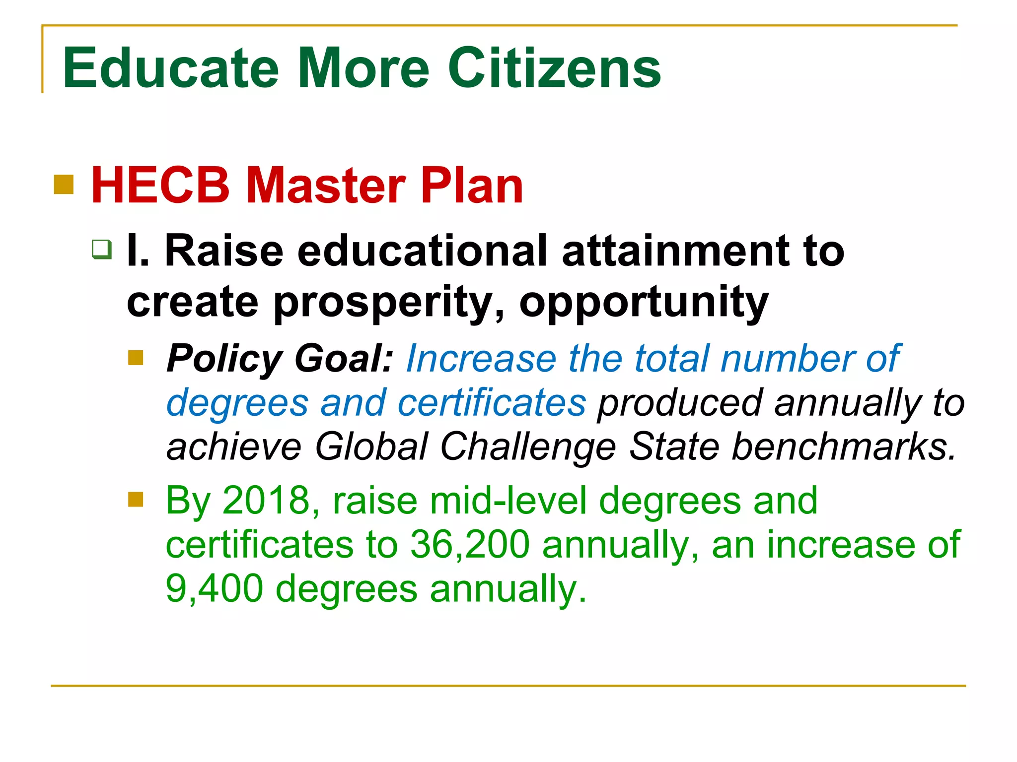 Educate More Citizens HECB Master Plan I. Raise educational attainment to create prosperity, opportunity  Policy Goal:  Increase the total number of degrees and certificates  produced annually to achieve Global Challenge State benchmarks.  By 2018, raise mid-level degrees and certificates to 36,200 annually, an increase of 9,400 degrees annually. 
