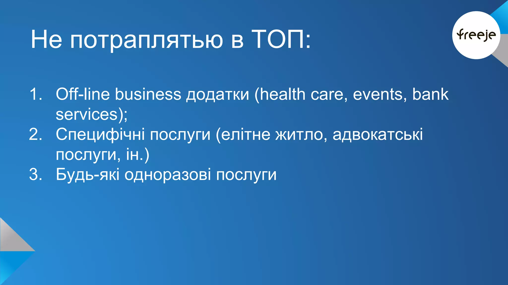 Не потраплятью в ТОП: 
1. Off-line business додатки (health care, events, bank 
services); 
2. Специфічні послуги (елітне житло, адвокатські 
послуги, ін.) 
3. Будь-які одноразові послуги 
 