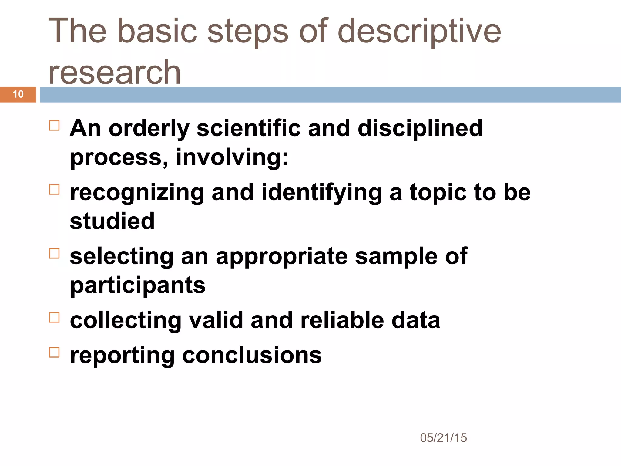 The basic steps of descriptive
research
05/21/15
10
 An orderly scientific and disciplined
process, involving:
 recognizing and identifying a topic to be
studied
 selecting an appropriate sample of
participants
 collecting valid and reliable data
 reporting conclusions
 