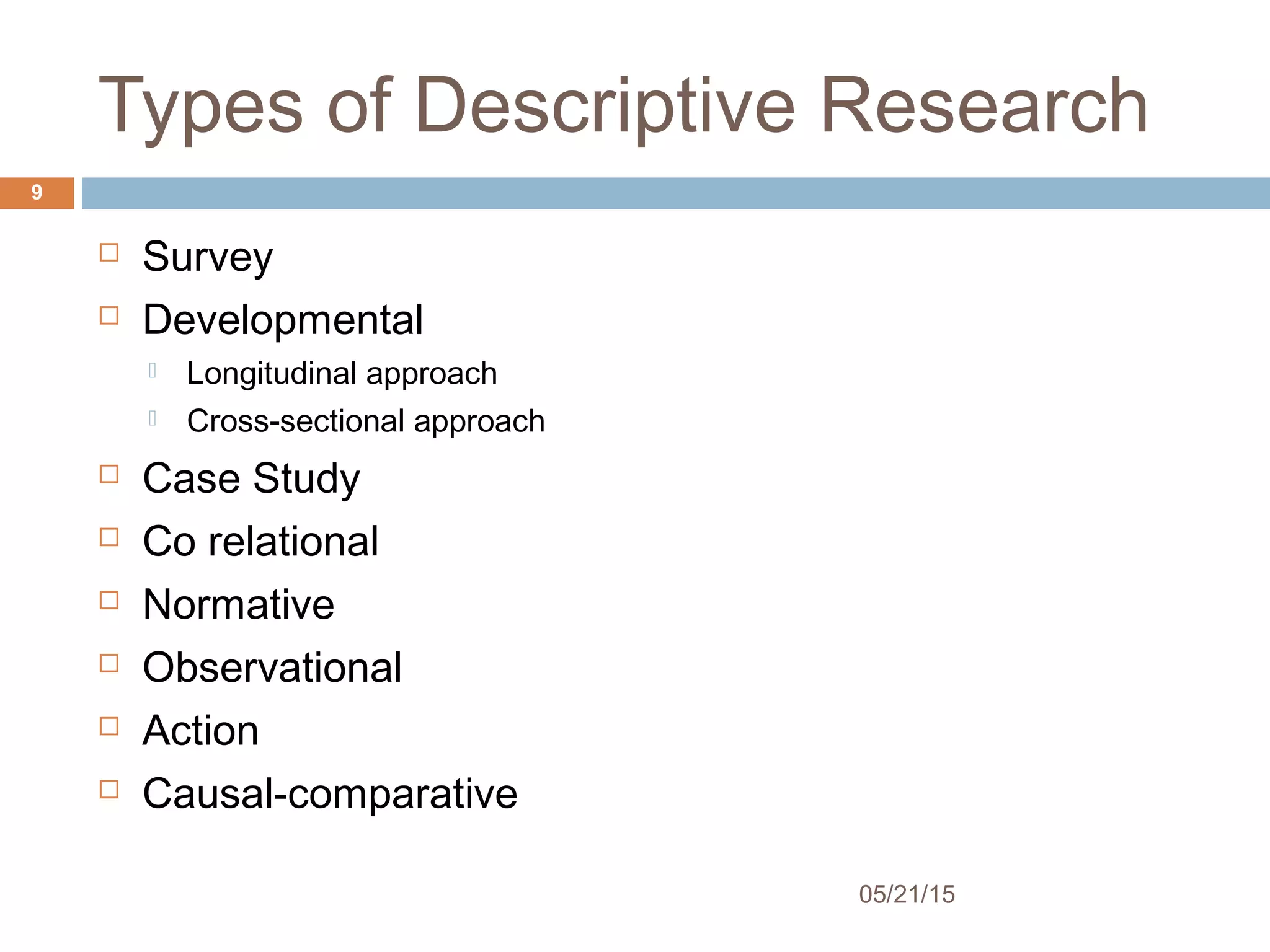 Types of Descriptive Research
05/21/15
9
 Survey
 Developmental
 Longitudinal approach
 Cross-sectional approach
 Case Study
 Co relational
 Normative
 Observational
 Action
 Causal-comparative
 