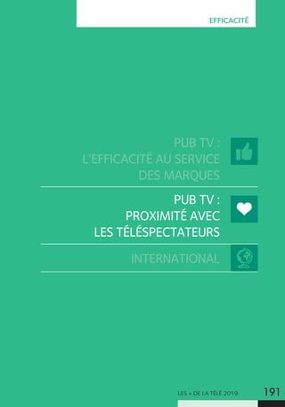 LES + DE LA TÉLÉ 2019 191
EFFICACITÉ
PUB TV :
L’EFFICACITÉ AU SERVICE
DES MARQUES
PUB TV :
PROXIMITÉ AVEC
LES TÉLÉSPECTATEURS
INTERNATIONAL
 