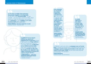 LES + DE LA TÉLÉ 2019 LES + DE LA TÉLÉ 2019222 223
SUCCESS STORY ET TÉMOIGNAGES
La télévision a permis de créer une campagne sous un format
long (2 minutes puis format de 45’’) permettant ainsi de lancer la
campagne auprès du plus grand nombre et de créer une
rupture encore plus visible avec les autres prises de parole
commerciales en 30 secondes. »
AGENCE PROVIDENCE
CAMPAGNE KINDER « SOUVENIR PARTAGÉ »
Le média TV est un moyen
efficace de montrer la
singularité de l’expérience Center
Parcs auprès d’une large audience
qui ne la connaît pas ou qui en a
une image déformée. La télévision
est un média incontournable
dans notre stratégie puisqu’elle
permet de toucher au plus près
les familles et de répondre à des
enjeux marketing et business de
court et moyen termes. »
LAURÈNE BEURDELEY – DIRECTRICE
MARKETING CENTER PARCS FRANCE
CAMPAGNE CENTER PARCS
« ENSEMBLE VRAIMENT.
Le média
télévision a
été utilisé
comme socle
du plan média
pour faire de la
couverture sur
le message de
Kinder. »
FRANÇOIS-XAVIER
MARTIN-PREVEL, CHEF
DE GROUPE MARKETING
CHEZ FERRERO FRANCE
CAMPAGNE KINDER
« SOUVENIR PARTAGÉ »
La TV reste un média d’une puissance
instantanée inégalée et incomparable.
En cela, elle s’avère incontournable – et plus
rentable – avec des enjeux comme les nôtres. Étant
donné qu’il s’agit d’un lancement, nous voulions
de la puissance et de la visibilité. La TV reste
incontournable pour y parvenir. »
MAGALI HEBERARD, DIRECTRICE MARKETING L’OLIVIER
CAMPAGNE L’OLIVIER – ASSURANCE AUTO
Une campagne
en TV permet
d’atteindre
l’objectif de
notoriété bien
sûr. Mais le média
TV permet aussi
de donner une
réelle puissance
de frappe à
une campagne
publicitaire,
au niveau
national. La TV
reste le média
mainstream par
excellence ! »
DIMITRI GRANGER –
CO-FONDATEUR DE
L’AGENCE .YZ
CAMPAGNE YOUSE
 