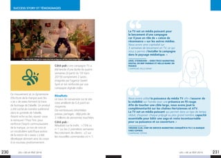 LES + DE LA TÉLÉ 2019 LES + DE LA TÉLÉ 2019230 231
SUCCESS STORY ET TÉMOIGNAGES
Nous avons utilisé la puissance du média TV afin d’assurer de
la visibilité sur l’année avec une présence en fil rouge.
Afin de toucher une cible large, nous avons joué la
complémentarité sur les chaînes Hertziennes et ATV.
La TV est un média puissant qui permet dans un laps de temps
réduit, d’exposer chaque préjugé au plus grand nombre, capacité
essentielle pour bâtir une saga et reste incontournable
pour sa puissance et sa couverture. »
VIRGINIE CLIN, CHEF DE SERVICE MARKETING CONQUÊTE B TO C  MARQUE
CHEZ COFIDIS.
CAMPAGNE COFIDIS
La TV est un média puissant pour
le lancement d’une campagne
car il joue un rôle de « caisse de
résonnance » sur les autres médias.
Nous avons ainsi capitalisé sur
3 semaines de lancement en TV, ce qui
nous a permis d’installer la campagne
dans le paysage médiatique. »
ARIEL STEINMANN – DIRECTRICE MARKETING
DIGITAL DE BNP PARIBAS ET HELLO BANK! EN
FRANCE
CAMPAGNE HELLO BANK!
Ce mouvement et ce dynamisme
d’écriture de la marque avec les
« ee » de weez forment la trace
de butinage de l’abeille. Un produit
a été caché de manière subliminal
dans le symbole de l’abeille,
faisant echo au bio, saurez-vous
le retrouver ? Pour finir, pour
renforcer l’esprit communautaire
de la marque, un ton de voix et
un vocabulaire spécifique autour
de la notion de « weez » a été
développé donnant ainsi du corps
à ce nouveau positionnement.
Côté pub : une campagne TV a
été lancée d’une durée de quatre
semaines (à partir du 18 mars
2019) comprenant 2 spots ;
imaginée par l’agence Sweet
Spot et est renforcée par une
campagne digitale vidéo.
Résultats
Le taux de conversion sur le site
s’est amélioré de 0,4 point en
moyenne.
De nombreuses retombées
presse, partages : déjà près de
2 millions de personnes touchées.
Côté pub :
Résultats sur le trafic : +75% vs
n-1 sur les 2 premières semaines.
Recrutement de clients : x2 sur
les nouvelles commandes vs n-1.
 