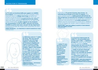 LES + DE LA TÉLÉ 2019 LES + DE LA TÉLÉ 2019232 233
SUCCESS STORY ET TÉMOIGNAGES
La TV reste un incontournable pour gagner en visibilité
et en impact. Pour le lancement de notre campagne, il était
important d’avoir un ciblage assez large permettant de
toucher à la fois les locataires et propriétaires. Pour cela, nous
avons travaillé sur la bonne complémentarité des chaînes
alliant des chaînes généralistes référentes sur ces cibles et des
chaînes d’information. Le plan s’appuie sur les moments
de consommation TV de ces cibles, assurant une bonne
visibilité en prime mais aussi, une part de day importante,
boostée par les peaks des chaînes d’info (notamment 6H-9H).»
AUDREY DELIMAUGES – CO-FONDATRICE ET GROWTH MARKETER DE YOUSE
CAMPAGNE YOUSE
La couverture intéressante du
média TV, est primordiale pour
toucher notre cible. La répétition
du spot TV, surtout sur les chaînes
de la TNT, permet une bonne
mémorisation de notre service et/
ou d’être là au bon moment, lorsque
notre cible a besoin de nos services.
Le média TV permet d’émerger
face à d’autre marque et de
cultiver une notoriété de marque/
service.  Cela reste également
une réassurance client sur le
sérieux et la qualité de la marque.»
REBECCA CERIA – DIRECTRICE MARKETING
 COMMUNICATION  MARGAUX BOET –
CHARGÉE DE COMMUNICATION DE MONDIAL
RELAY
CAMPAGNE MONDIAL RELAY
La télévision reste le 1er
 média
de masse, elle nous permet
de toucher une très large
audience, d’atteindre des
performances inégalées par
rapport à d’autres médias,
avec un coût/contact utile
(meilleur rapport coût/qualité
du contact). De plus, elle nous
permet d’allier le son à l’image,
ce dont nous avions besoin
pour toucher nos publics avec
des films visuels, sonores et
en mouvement. Pour gagner
rapidement et efficacement
en notoriété la télévision était
une évidence !»
CHARLOTTE SCHMIDT - RESPONSABLE
MARKETING DE REITZEL
CAMPAGNE LE JARDIN D’ORANTE
Aujourd’hui la TV permet d’activer deux leviers : la
notoriété de la marque et le trafic en magasin. Nous
avons souhaité investir un média puissant permettant de
faire progresser la notoriété de l’enseigne et soutenir le
trafic à une période importante de l’année. Nous souhaitions
également nous positionner sur un média statutaire pour
célébrer avec les consommateurs la victoire de la « Meilleure
Chaine de Magasin de L’Année », dans la catégorie Cuisine. »
JULIETTE FABIS - DIRECTRICE GÉNÉRALE ADJOINTE ET DAVID MINGEON -
DIRECTEUR GÉNÉRAL DE HAVAS
CAMPAGNE IXINA
Le média TV nous
permet d’assurer
une récurrence
certaine et
fondamentale
pour ce genre
de campagne
ROIste. »
FLORENCE PAREIN
CHEF DE PROJETS
AUDIOVISUEL  PASCAL
VERKINDT
2D/3D MOTIONDESIGN –
AGENCE PRODCAST
CAMPAGNE
MONDIAL RELAY
 