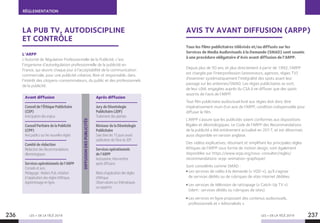 LES + DE LA TÉLÉ 2019 LES + DE LA TÉLÉ 2019236 237
RÉGLEMENTATION
LA PUB TV, AUTODISCIPLINE
ET CONTRÔLE
L’ARPP
L’Autorité de Régulation Professionnelle de la Publicité, c’est
l’organisme d’autorégulation professionnelle de la publicité en
France, qui œuvre chaque jour à l’acceptabilité de la communication
commerciale, pour une publicité créative, libre et responsable, dans
l’intérêt des citoyens-consommateurs, du public et des professionnels
de la publicité.
Avant diffusion
Conseil de l’Éthique Publicitaire
(CEP)
Anticipation des enjeux
Conseil Paritaire de la Publicité
(CPP)
Avis publics sur les nouvelles règles
Comité de rédaction
Rédaction des Recommandations
déontologiques
Services opérationnels de l’ARPP
Conseils et avis.
Pédagogie : Ateliers Pub, initiation
à l’application des règles d’éthique,
Apprentissage en ligne.
DIFFUSIONDESPUBLICITÉS
Après diffusion
Jury de Déontologie
Publicitaire (JDP)
Traitement des plaintes
Réviseur de la Déontologie
Publicitaire
Saisi dans les 15 jours avant
publication de l’Avis du JDP.
Services opérationnels
de l’ARPP
Autosaisine, intervention
après diffusion.
Bilans d’application des règles
d’éthique.
Observatoire sur thématiques
ou supports.
AVIS TV AVANT DIFFUSION (ARPP)
Tous les films publicitaires télévisés et/ou diffusés sur les
Services de Media Audiovisuels à la Demande (SMAD) sont soumis
à une procédure obligatoire d’Avis avant diffusion de l’ARPP.
Depuis plus de 50 ans, et plus directement à partir de 1992, l’ARPP
est chargée par l’interprofession (annonceurs, agences, régies TV)
d’examiner systématiquement l’intégralité des spots avant leur
passage sur les antennes/SMAD. Les régies publicitaires se sont,
de leur côté, engagées auprès du CSA à ne diffuser que des spots
assortis de l’avis de l’ARPP.
Tout film publicitaire audiovisuel livré aux régies doit donc être
impérativement muni d’un avis de l’ARPP, condition indispensable pour
diffuser le film.
L’ARPP s’assure que les publicités soient conformes aux dispositions
légales et déontologiques. Le Code de l’ARPP des Recommandations
de la publicité a été entièrement actualisé en 2017, et est désormais
aussi disponible en version anglaise.
Des vidéos explicatives, résumant et simplifiant les principales règles
éthiques de l’ARPP sous forme de motion design, sont également
disponibles sur https://www.arpp.org/nous-consulter/regles/
recommandations-arpp-animation-graphique/
Sont considérés comme SMAD :
Les services de vidéo à la demande (« VOD »), qu’il s’agisse
de services dédiés ou de rubriques de sites internet dédiées.
Les services de télévision de rattrapage (« Catch-Up TV »)
(idem : services dédiés ou rubriques de sites).
Les services en ligne proposant des contenus audiovisuels,
professionnels et « éditorialisés ».
 