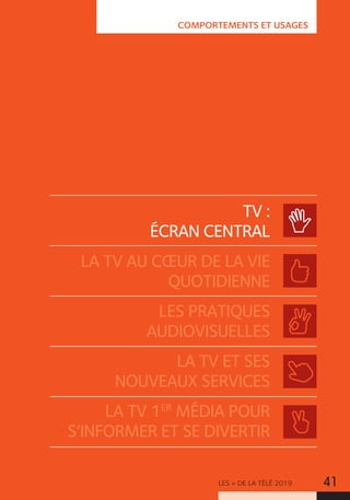 COMPORTEMENTS ET USAGES
TV :
ÉCRAN CENTRAL
LA TV AU CŒUR DE LA VIE
QUOTIDIENNE
LES PRATIQUES
AUDIOVISUELLES
LA TV ET SES
NOUVEAUX SERVICES
LA TV 1ER
MÉDIA POUR
S’INFORMER ET SE DIVERTIR
LES + DE LA TÉLÉ 2019 41
 