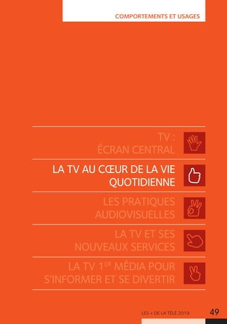 LES + DE LA TÉLÉ 2019 49
COMPORTEMENTS ET USAGES
TV :
ÉCRAN CENTRAL
LA TV AU CŒUR DE LA VIE
QUOTIDIENNE
LES PRATIQUES
AUDIOVISUELLES
LA TV ET SES
NOUVEAUX SERVICES
LA TV 1ER
MÉDIA POUR
S’INFORMER ET SE DIVERTIR
 